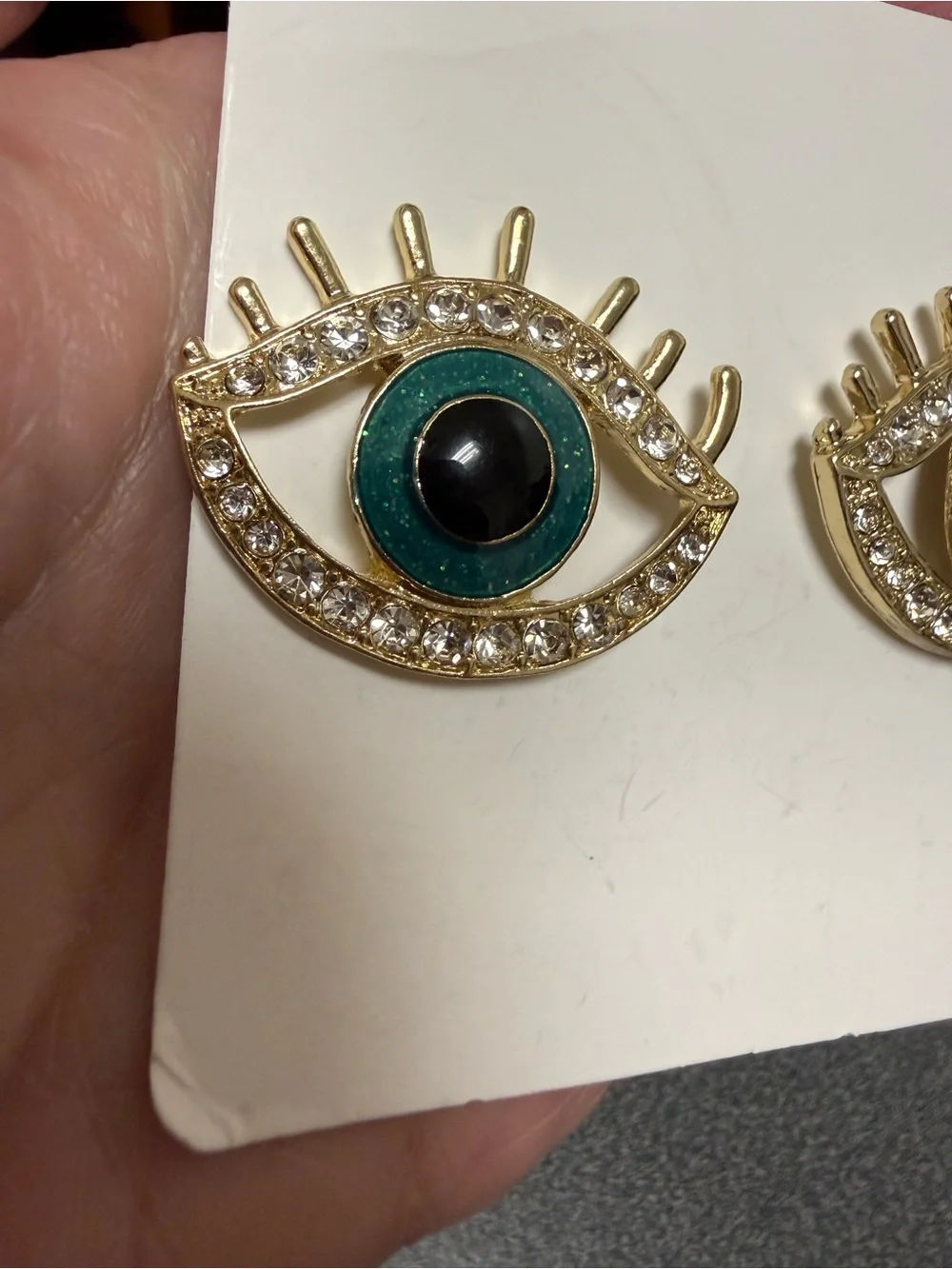 Gold-Tone Teal Green Evil Eye Necklace & Earrings Set with Pearl Drops